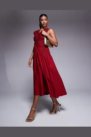 ASOS Vestido midi con cuerpo fruncido y detalle de cordón ajustable en el centro de -Rosa