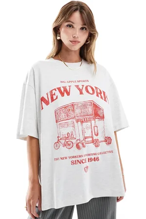 ASOS Camiseta color hielo jaspeado de corte boyfriend con estampado gráfico deportivo rojo "New York" de -Gris