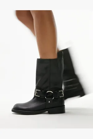 Topshop Botas biker negras de cuero premium Lea de