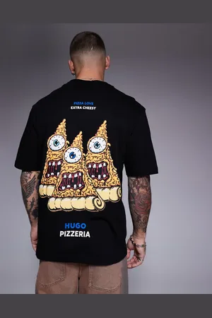 Hugo Blue Camiseta negra con estampado de pizza Nizzerio de