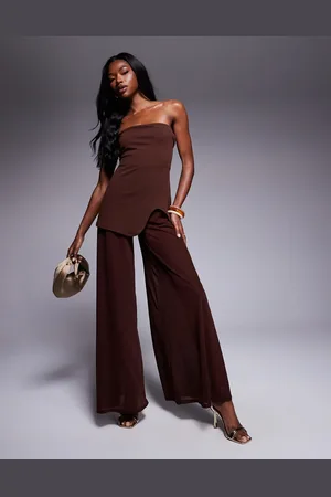 ASOS Mono largo marrón de pernera ancha traslúcida con escote palabra de honor y cuerpo de tejido efecto neopreno de