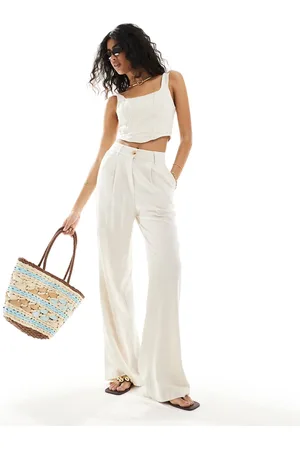 Style Cheat Pantalones color de pernera ancha de tejido efecto lino de -Blanco