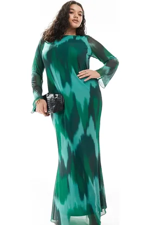 VERO MODA Vestido largo verde oscuro de manga larga con estampado abstracto de malla de -Multicolor