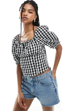 VERO MODA Top corto a cuadros vichy monocromáticos con cuello cuadrado de -Negro