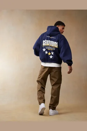 ASOS Sudadera marino ultragrande con capucha y estampado trasero de