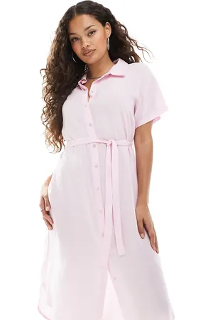 VERO MODA Vestido camisero midi rosa con cinturón anudado de