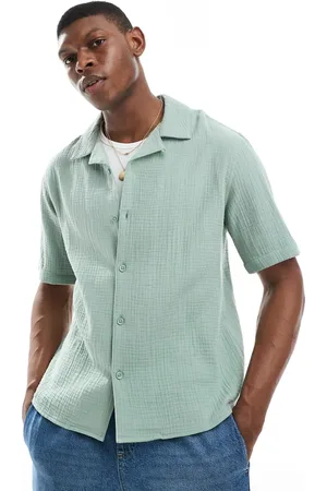 Only & Sons Camisa verde salvia con cuello de solapas de bambula de