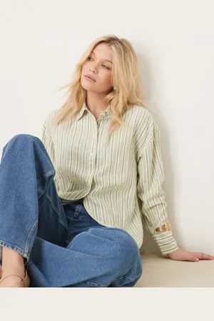 Abercrombie & Fitch Camisa a rayas verdes extragrande de manga larga de mezcla de lino de -Blanco