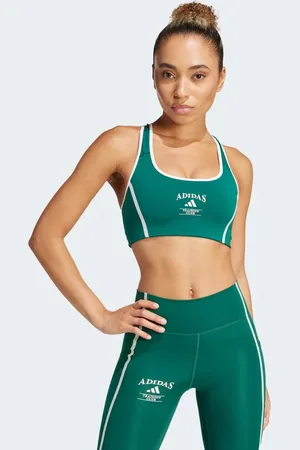 adidas Sujetador verde universitario y blanco tiza de sujeción media Powerimpact Heritage de