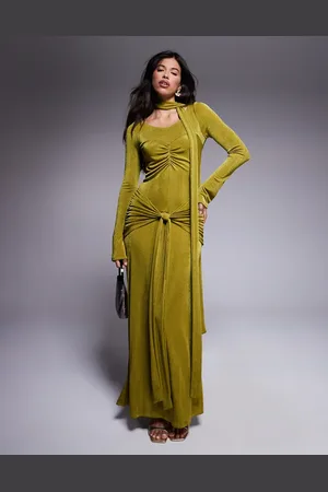 DASKA Vestido largo fruncido con lazada en el cuello y la cintura de