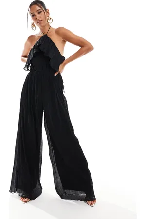 ASOS Mono largo de pernera ancha con cuello halter y detalle de volante de tejido texturizado de