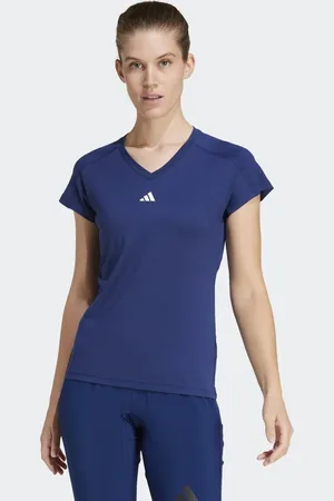 adidas Camiseta azul oscuro y blanca con cuello de pico y logo minimalista Aeroready Train Essentials de