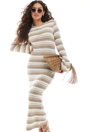 VERO MODA Vestido largo marrón a rayas de punto premium de