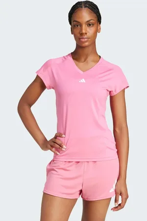 adidas Camiseta rosa fusión y blanca con cuello de pico y logo minimalista Aeroready Train Essentials de