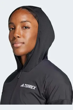 adidas Chaqueta cortavientos negra ligera con capucha de felpa Terrex Xperior Climawarm+ Wind Light Fleece de