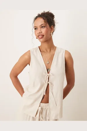 ASOS Chaleco color anudado en la parte delantera de mezcla de lino de (parte de un conjunto)-Neutro
