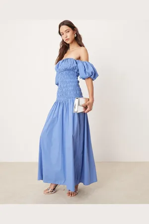 Abercrombie & Fitch Vestido largo azul con estampado de mosaico, cintura baja fruncida elástica y escote Bardot de