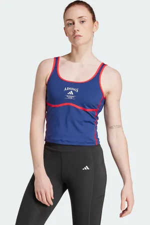 adidas Top azul oscuro y blanco tiza con sujetador de tirantes de sujeción baja integrado Heritage de