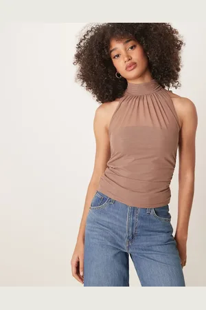 Abercrombie & Fitch Top marrón topo con cuello halter fruncido de malla de