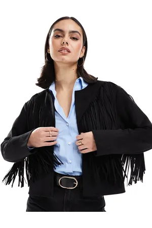 New Look Chaqueta negra sin solapas con flecos de antelina de