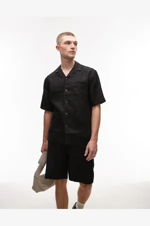 MANGO Camisa negra de manga corta de lino premium de
