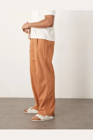 ASOS Pantalones de vestir marrones de pernera ancha con pinzas dobles de mezcla de lino de -Marrón