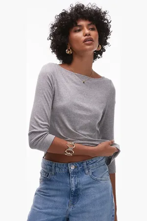 ARKET Top gris jaspeado con mangas 3/4 y cuello barco de punto acanalado fluido de