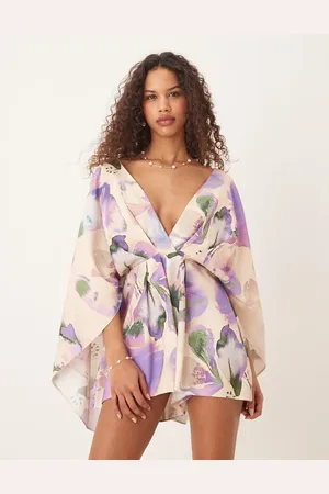 ASOS Mono corto escotado con estampado y mangas extragrandes de -Multicolor