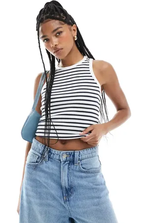New Look Top blanco a rayas sin mangas con cuello de nadadora de