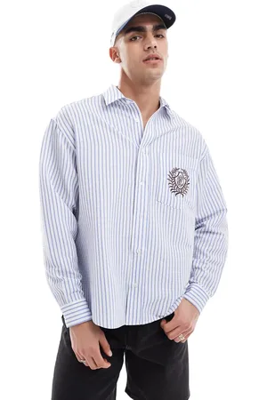 ASOS Camisa a rayas azules extragrande con bordado de