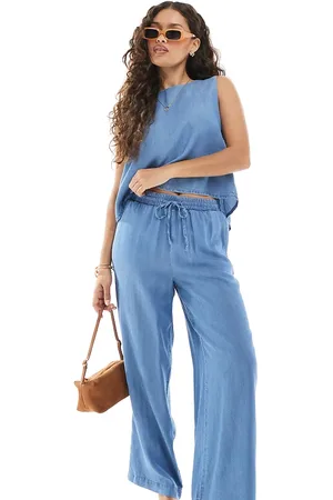 VERO MODA Pantalones azul cambray fluidos de pernera ancha de (parte de un conjunto)