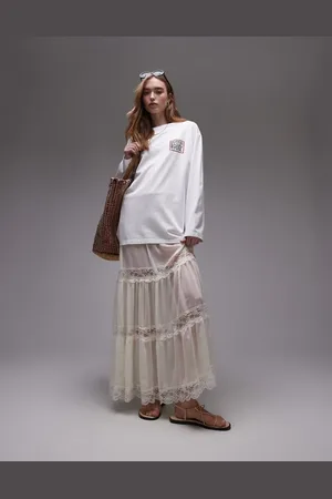 Topshop Falda larga blanco traslúcida con insertos de encaje de