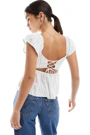 Hollister Top verde a rayas de estilo babydoll con volante en las mangas de -Amarillo