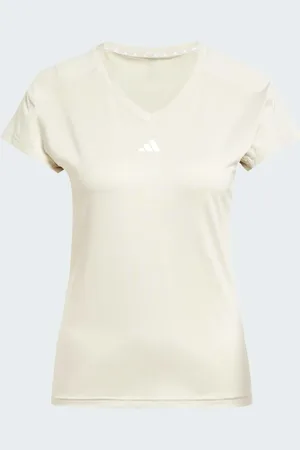adidas Camiseta beis y blanca con cuello de pico y logo minimalista Aeroready Train Essentials de -Neutro