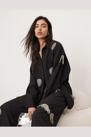 ASOS Camisa negra extragrande con diseño de lunares de flecos de strass de (parte de un conjunto)-Multicolor
