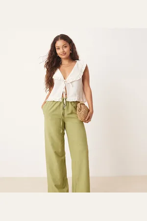 VILA Pantalones de pernera ancha con lazada en la cintura de tacto efecto lino de