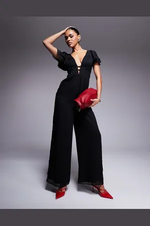 ASOS Mono largo fruncido de pernera ancha con mangas fluidas de