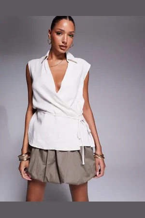 ASOS Blusa color cruzada sin mangas de tejido efecto lino de -Blanco