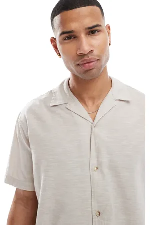 JACK & JONES Camisa beis con cuello de solapas de mezcla de lino de -Neutro