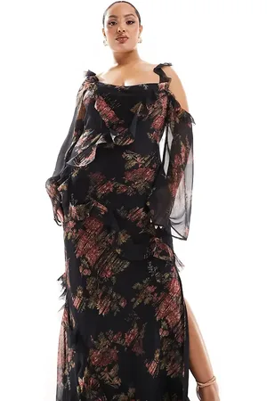ASOS Vestido largo con manga asimétrica, estampado floral difuminado y detalle de volante rasgado exclusivo de ASOS DESIGN Curve-Multicolor