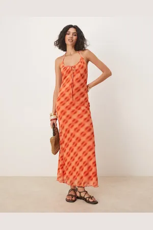 ASOS Vestido midi naranja a cuadros con cuello halter de malla de -Multicolor