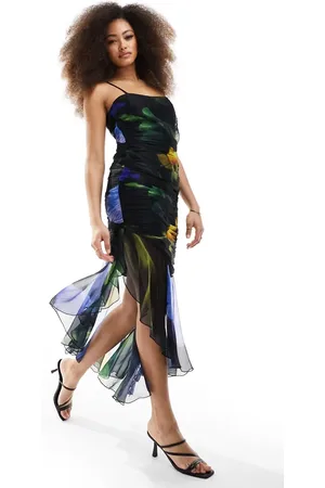 ASOS Vestido midi de tirantes con corpiño fruncido y bajo asimétrico con volantes caídos de chifón de -Multicolor