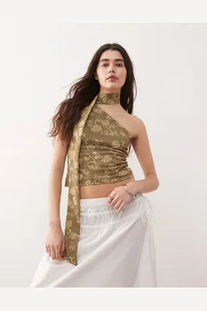 Reclaimed Top verde asimétrico con detalle de pañuelo colgante y estampado floral de