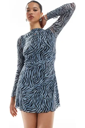 JJXX Vestido azul de manga larga con estampado de cebra de malla de