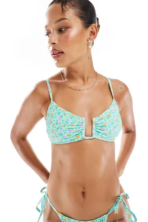 New Look Top de bikini azul con aros y estampado de florecitas de