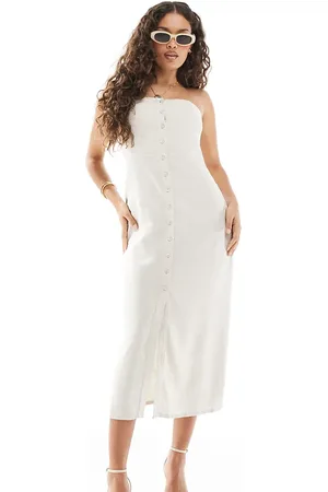 ONLY Vestido midi color con escote palabra de honor de mezcla de lino de -Neutro