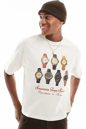ASOS Camiseta blanco hueso de corte cuadrado extragrande con estampado gráfico de relojes de