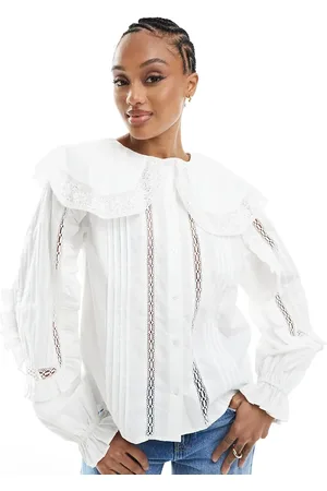 ASOS Camisa color con solapas grandes e insertos bordados y de encaje de ASOS DESIGN Tall-Blanco