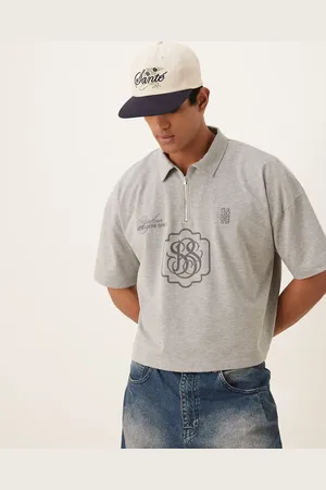 ASOS Polo corto gris jaspeado extragrande con logo bordado de tejido grueso de 300 g/m² de