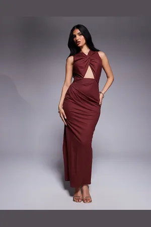 ASOS Vestido midi color elástico con detalle retorcido y adorno dorado en la espalda de lino de -Neutro